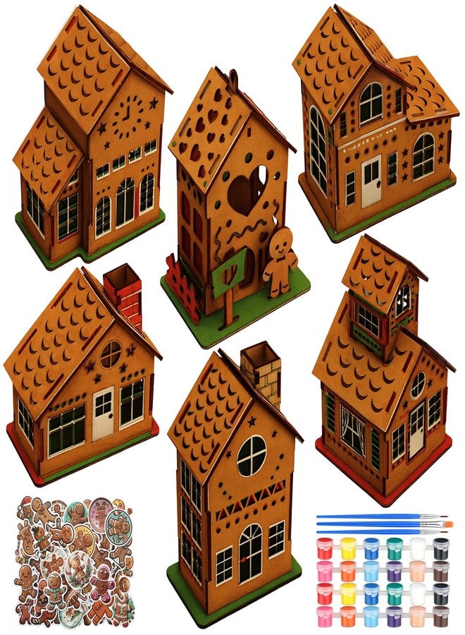 Fullhawl 6 Sets DIY Christmas Gingerbread House Wooden Kit to Build with Paint Paintbrushes and Gingerbread Man Stickers 3D Christmas Tree Ornaments for Fun Craft Activity Creative DIY Art Project - Image 1